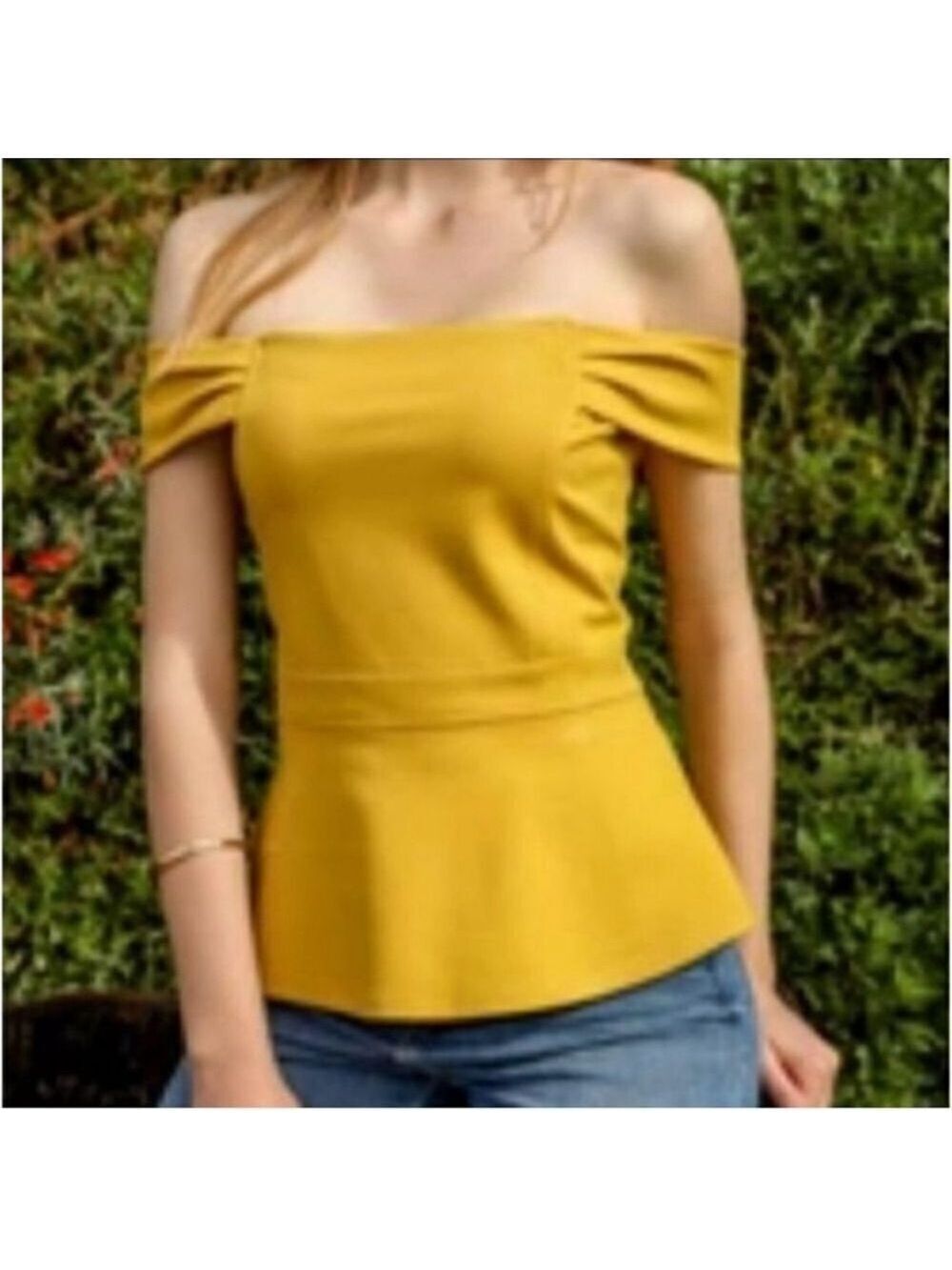 Adelyn Rae yellow gold off shoulder peplum Anthropologie
